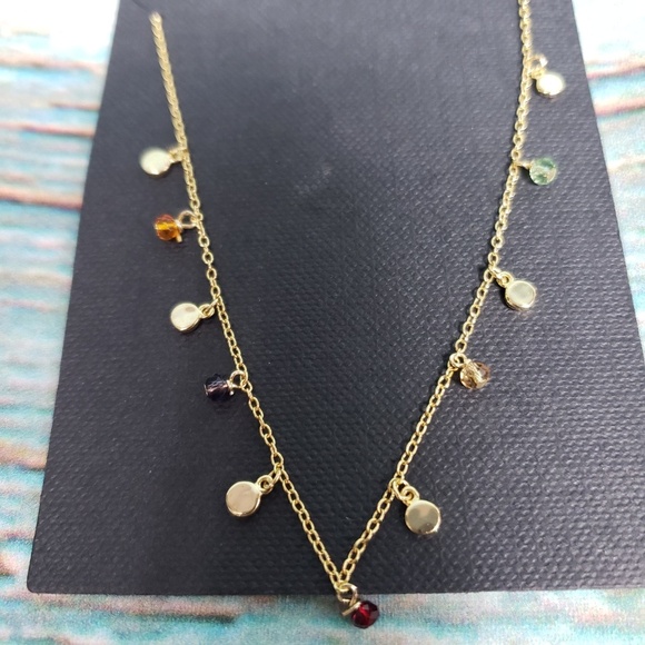 AQUA Crystal Drop Gold Statement Necklace Rainbow Fringe Colored Stones NWT - Picture 4 of 4